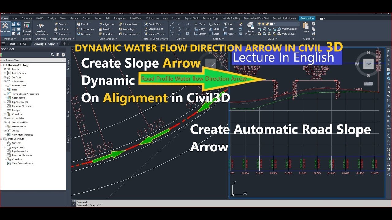 how to Create Water flow Direction Arrow on Alignment in Civil 3d Lecture in English
