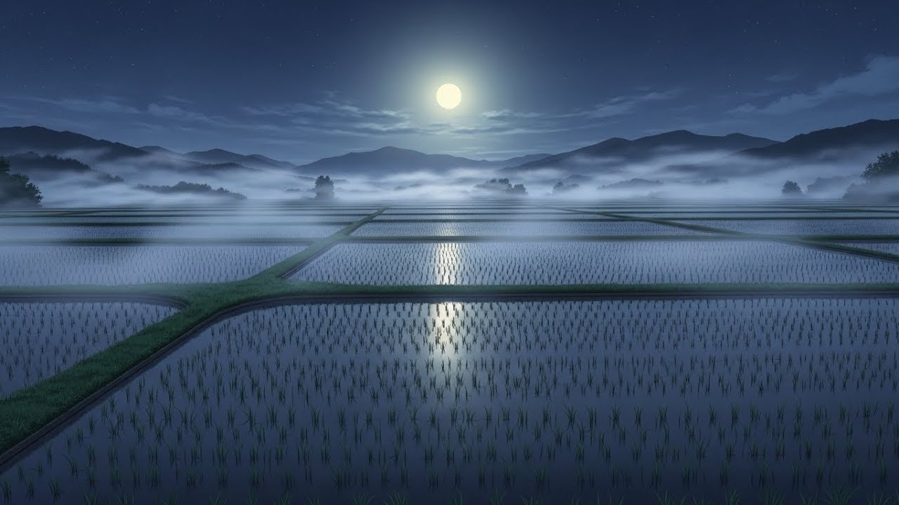 Pure-Night Chill Lofi Tones Glowing Gently Over Still Rice Paddies Beneath Soft Silver Light