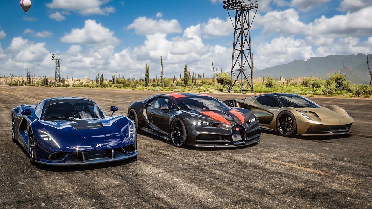 Forza Horizon 5 Drag race: Hennessey Venom F5 vs Bugatti Chiron SS (Replica) vs Lotus Evija