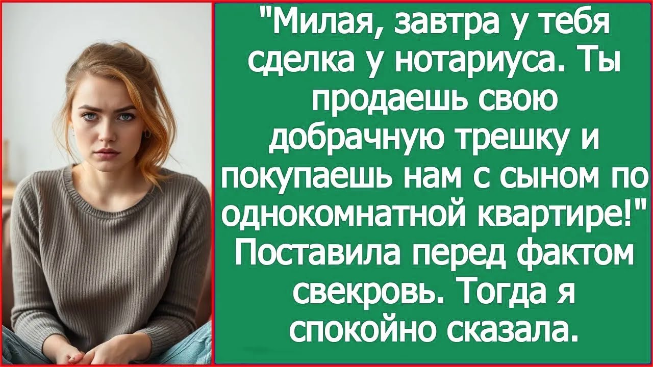Невестушка, завтра у тебя сделка. Ты продаешь свою трешку и покупаешь нам с сыном по квартире.