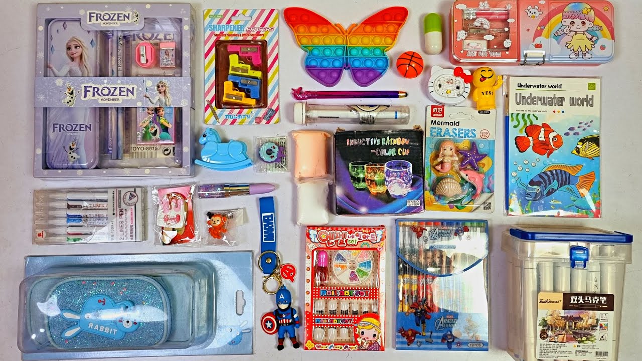 Huge stationery collection - 2 line pen, frozen stationery set, 3d erasers, pencil sharpners, pens