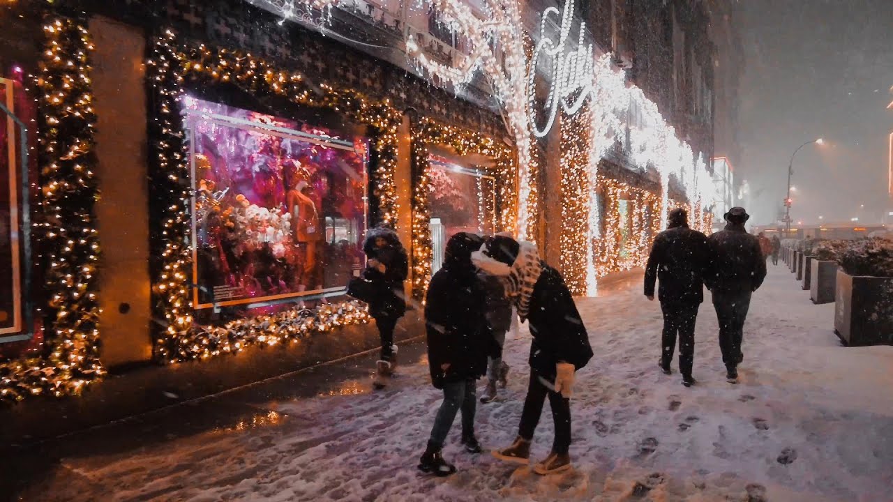 NYC Cyberpunk Snowstorm Walk White Christmas | 5th Avenue, Rockefeller Center, Times Square
