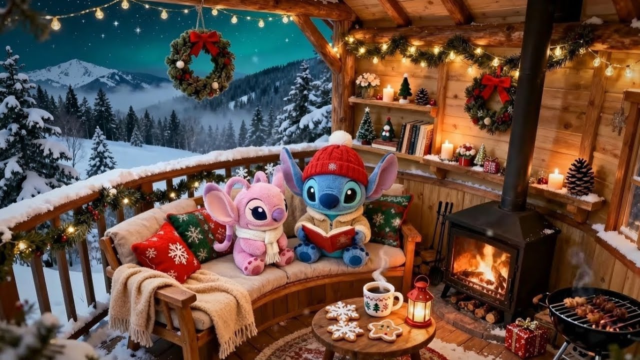 Stitch & Angel Cozy Christmas Cabin 🎄 Jazz Lo-Fi Fireplace Beats for Study  ❄️ Winter Night Vibes