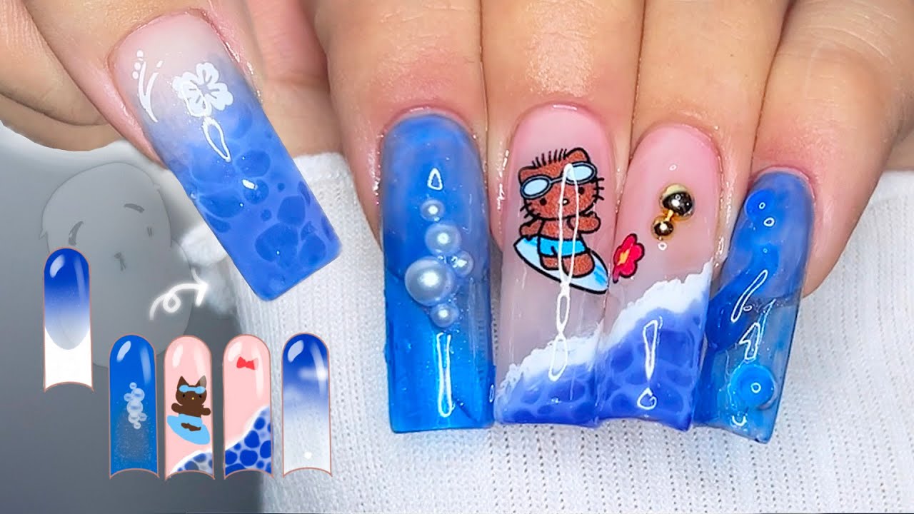 여름바다 못 즐긴 사람의 한풀이 셀프네일🏖️ 바다무드 잔뜩 담기💙| 바다거품 표현하는 법🫧 | 하프팁 연장
