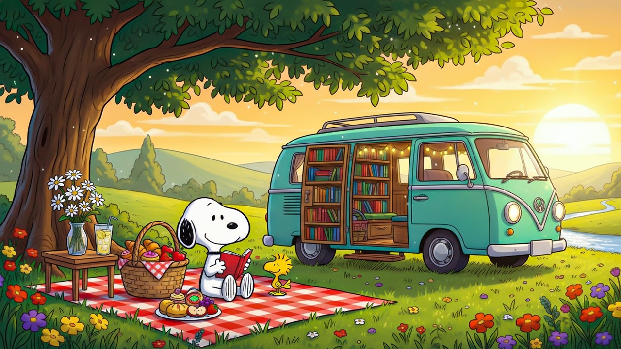 Spring Sunset Picnic Lofi 🌿📚 Cozy Van with Snoopy | Reading Vibes for Deep Focus, Work & Relax