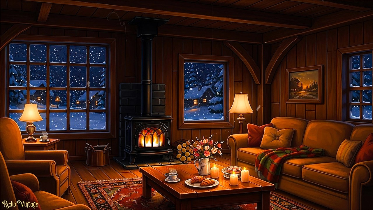 peaceful 1960's winter jazz night and you're listening to vintage music on a room cottage