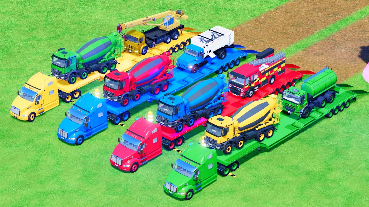Garage with Colors - LARGE MIXER TRUCKS & DOUBLE FLATBED TRAILER TRUCK - SCANIA KAMAZ MAN MACK VOLVO