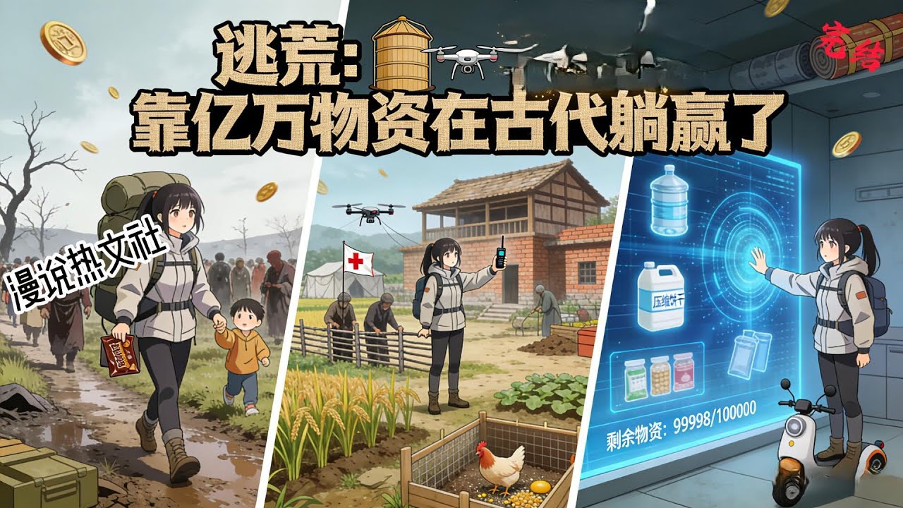 完结《逃荒：靠亿万物资在古代躺赢了》苏棉从手握亿万物资的末日大佬，变成了逃荒之路的乡村美妇。  苏棉表示她宁愿回去杀丧尸！ 幸好她空间的物资还在，异能也还在，逃荒根本难不倒她 #逃荒#种田#古代言情