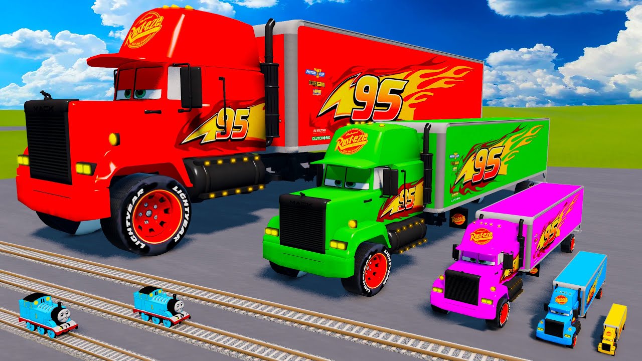 Big & Small Long Mack Truck with Monster Truck wheels vs Thomas Train | BeamNG.drive