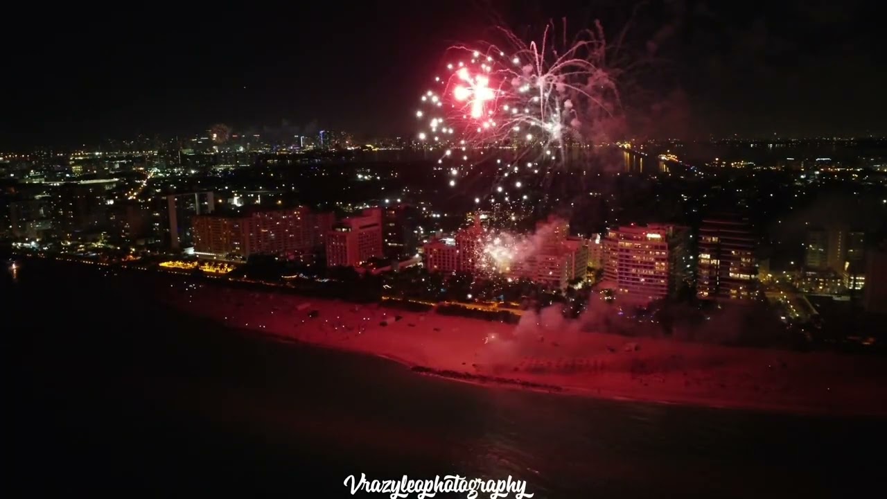 Miami beach New Years Fireworks Drone Footage