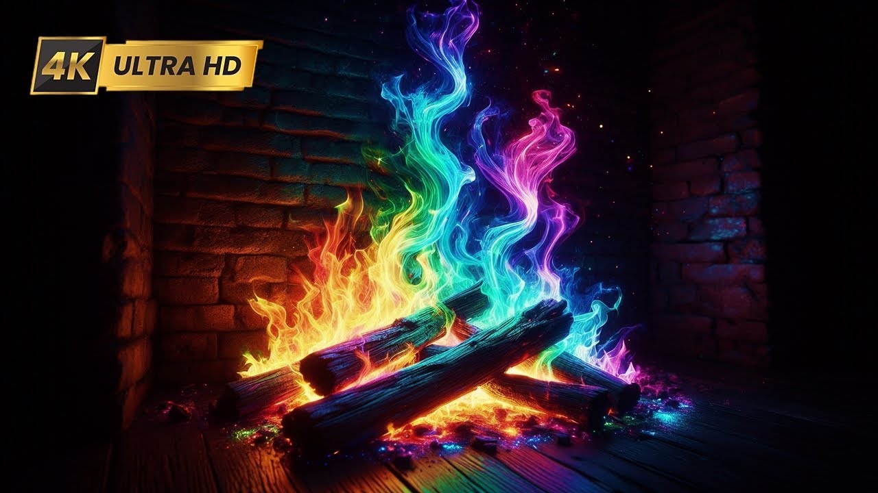 4K RAINBOW Fireplace Flames Ambience (12 HOURS NO MUSIC). Fireplace with Logs Crackling Fire Sounds!