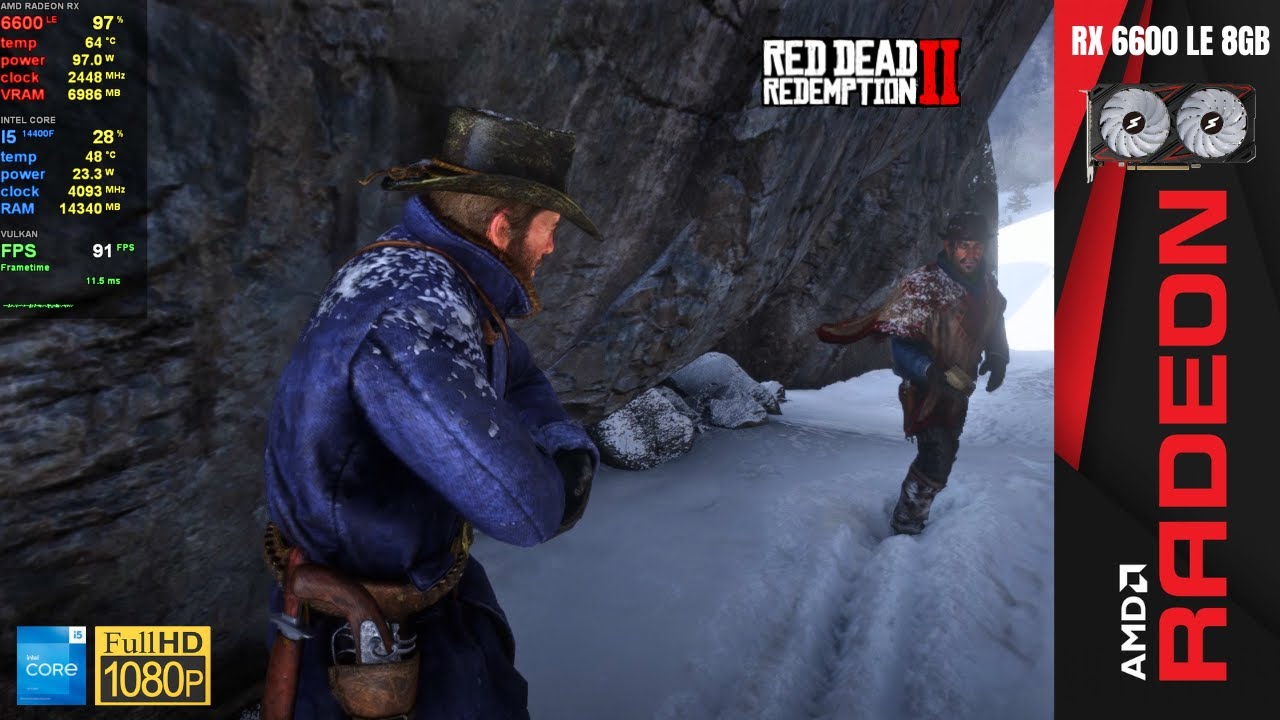 Red Dead Redemption 2, Vulkan, Preset Custom, FSR 2 Desempenho | RX 6600 LE | I5 14400F