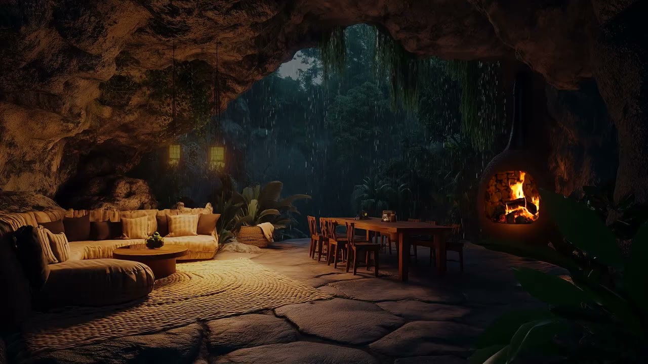 Fireplace Warmth and Cave Thunder🌧️Relaxing Night Sounds for Emotional Healing and Restful Sleep Aid