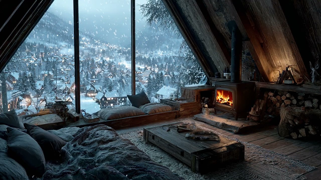A Quiet Room Wrapped in Warm Light While the Snowstorm Roars Outside | Calm Valley Night Sanctuary