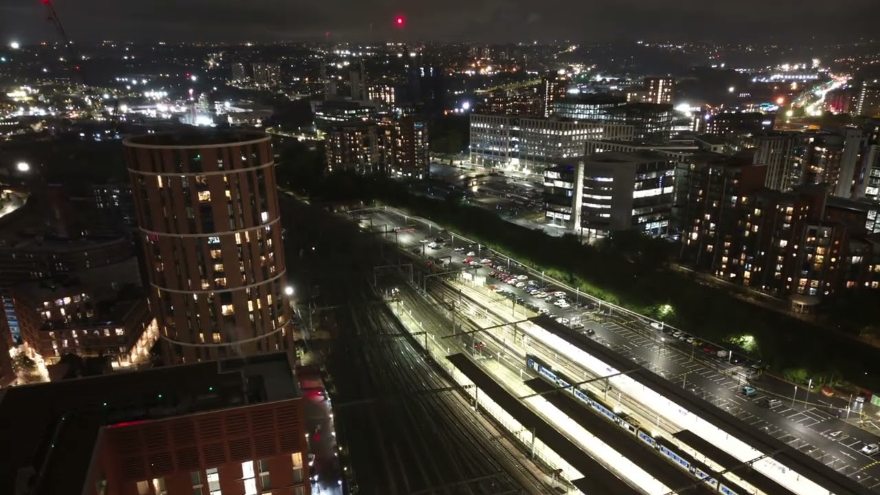 Leeds Train Station Drone Hyperlapse at Night - 4K Stock Drone Footage