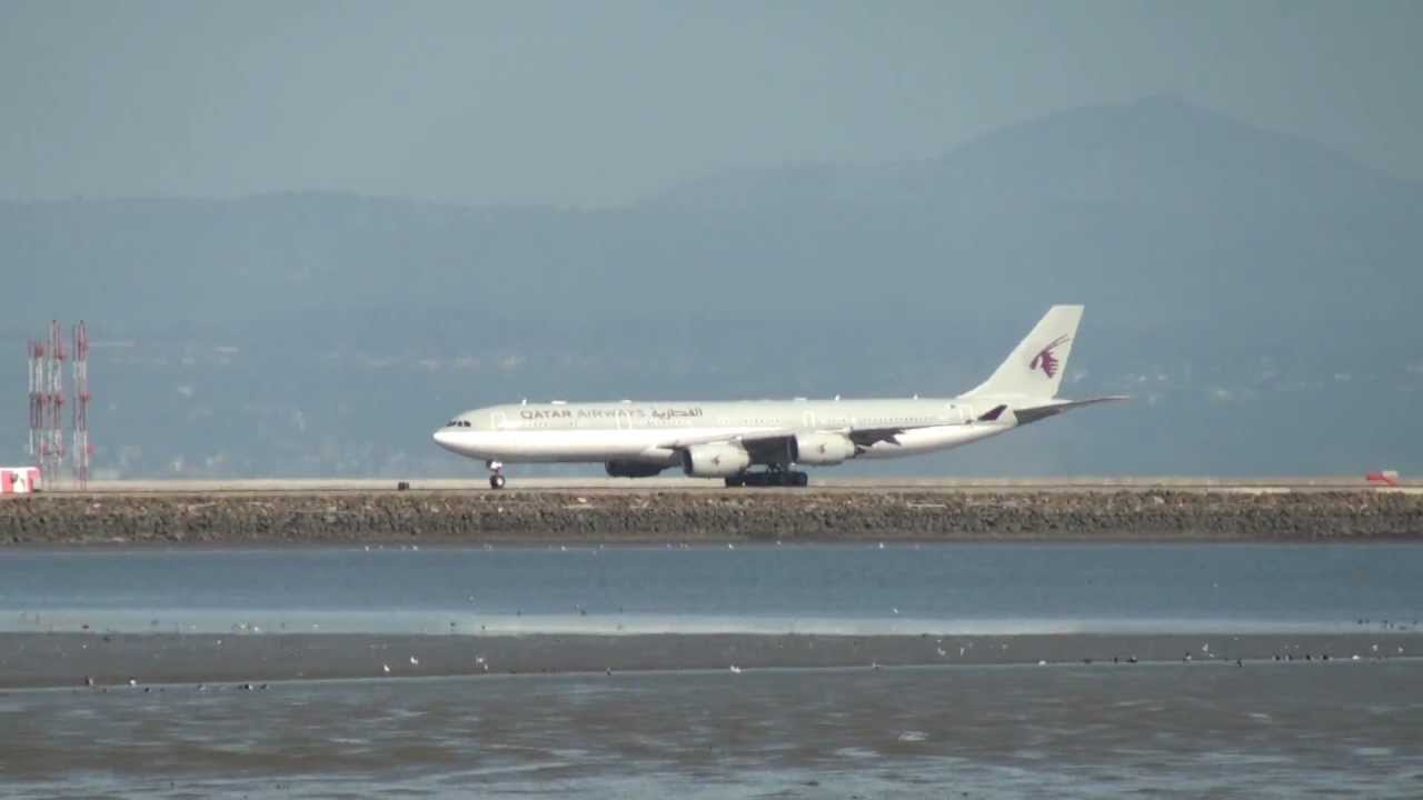 Qatar Airways Airbus 340-500 Taking Off @ SFO 