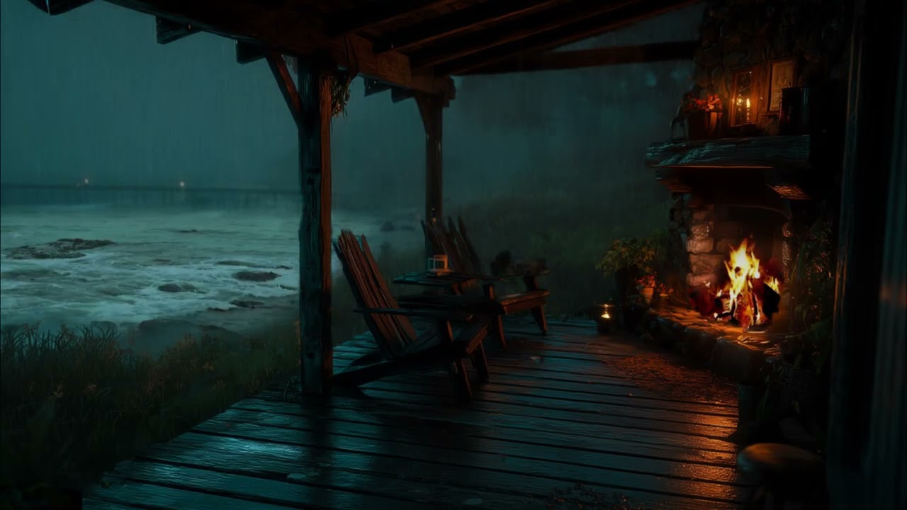 Rainy Night at the Seaside House | Gentle Rain, Soft Thunder and Fireplace Ambience for Sleep, Relax