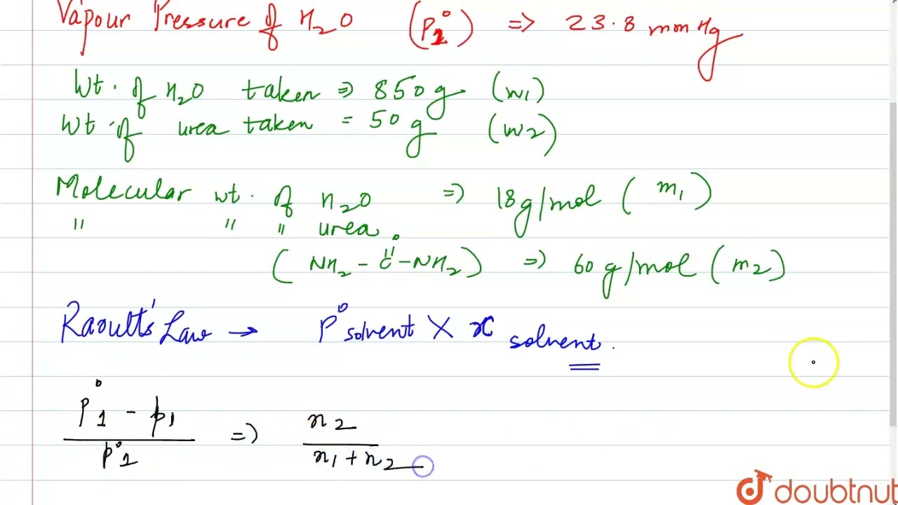 Vapour pressure of pure water at 298 K  is 23.8 mm Hg. 50g of urea (NH_(2)CONH_(2)) is dissolved...