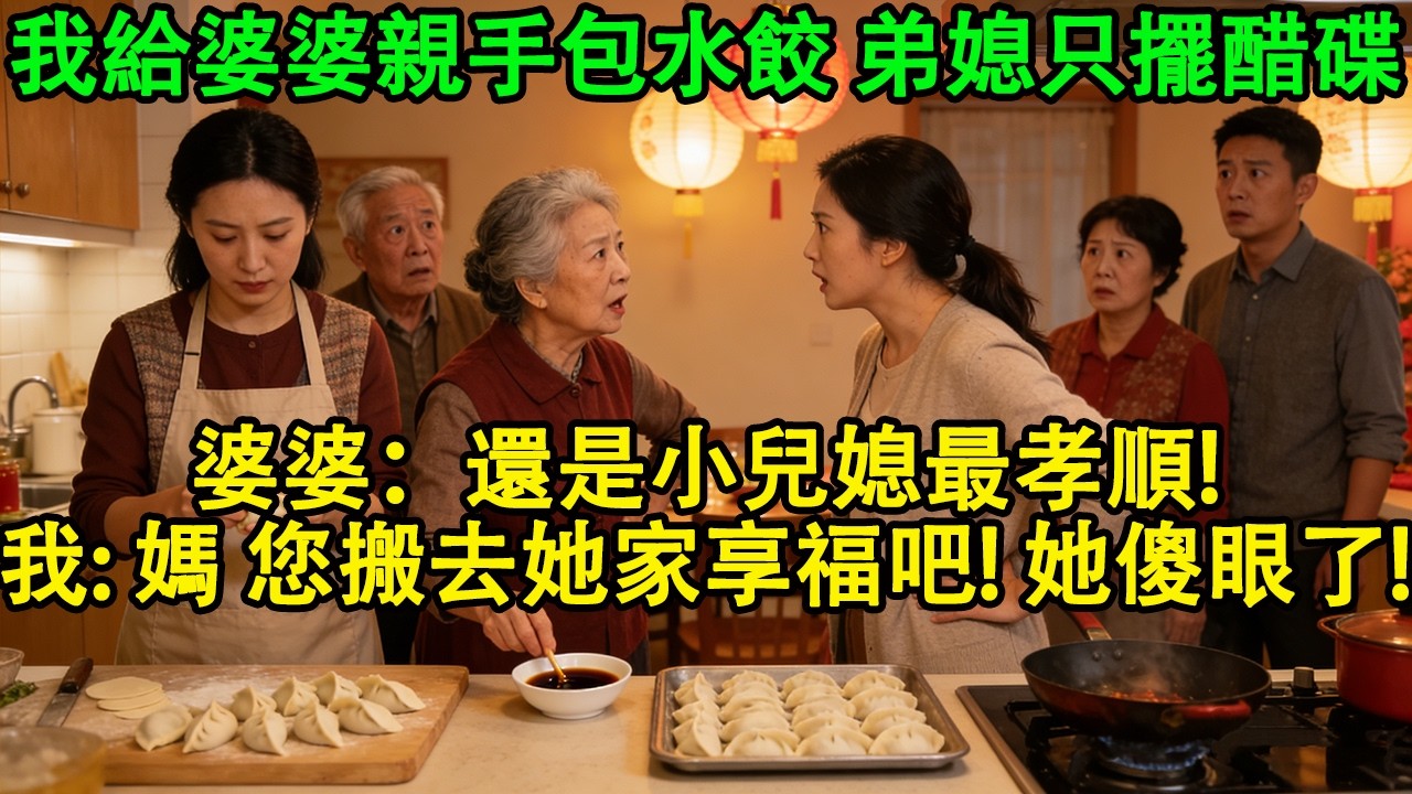 元宵節我給婆婆親手包水餃，弟媳只是擺了個醋碟，婆婆：還是小兒媳最孝順！我笑了，直接停火：媽，您搬去她家享福吧！婆婆當場傻眼，小叔子連夜打我99電話！#婆媳 #家庭 #婚姻 #情感故事 #為人處世