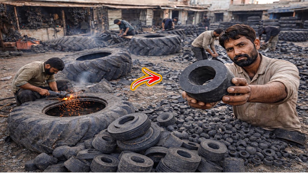 Old and Rusted Heavy Machinery Tyres Cut into Small Pieces for Small Vehicles by Afghan Mechanics