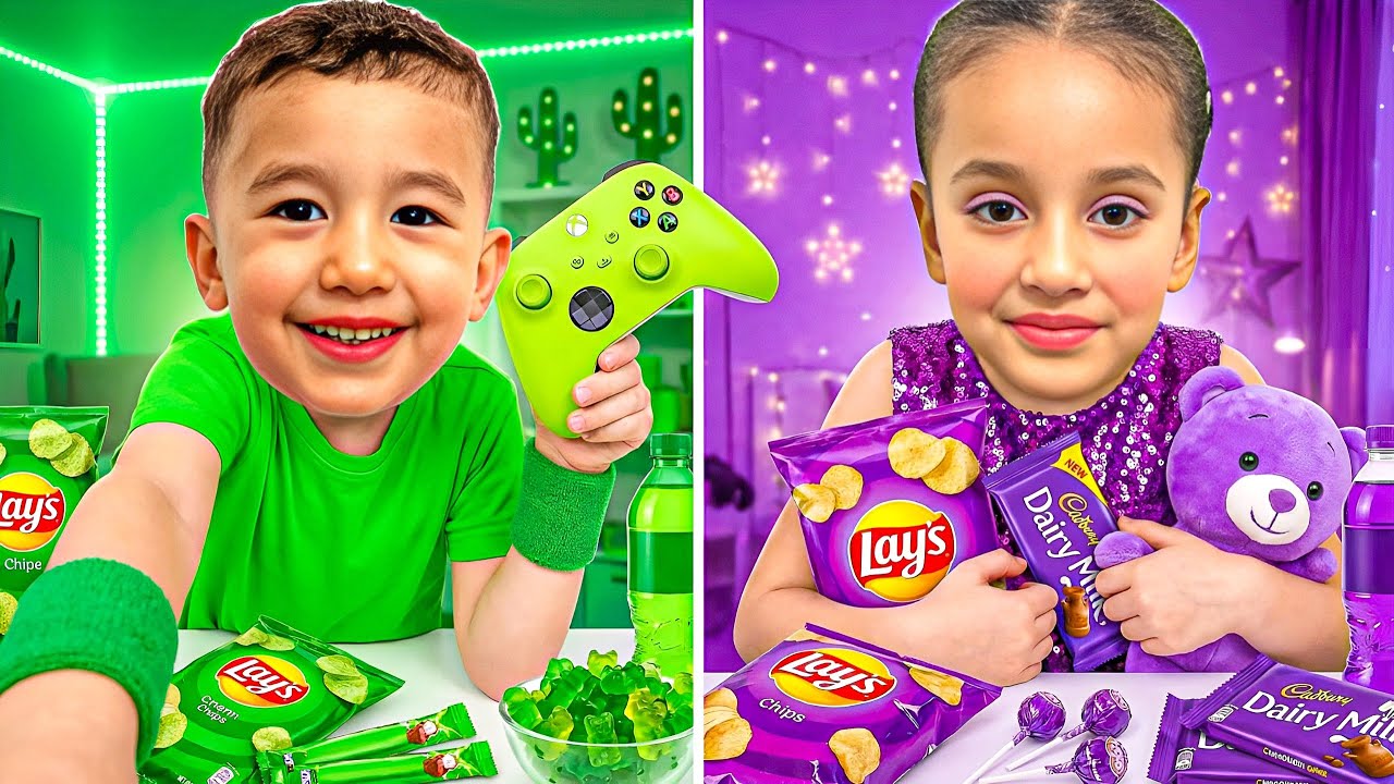غزل ويمان ‏عاشو يوم كامل بلونين(2)💜 💚البنفسجي ضد الأخضر 😱😍 أي لون فاز 🥇 #سامو_هوم تحدي الالون 😍