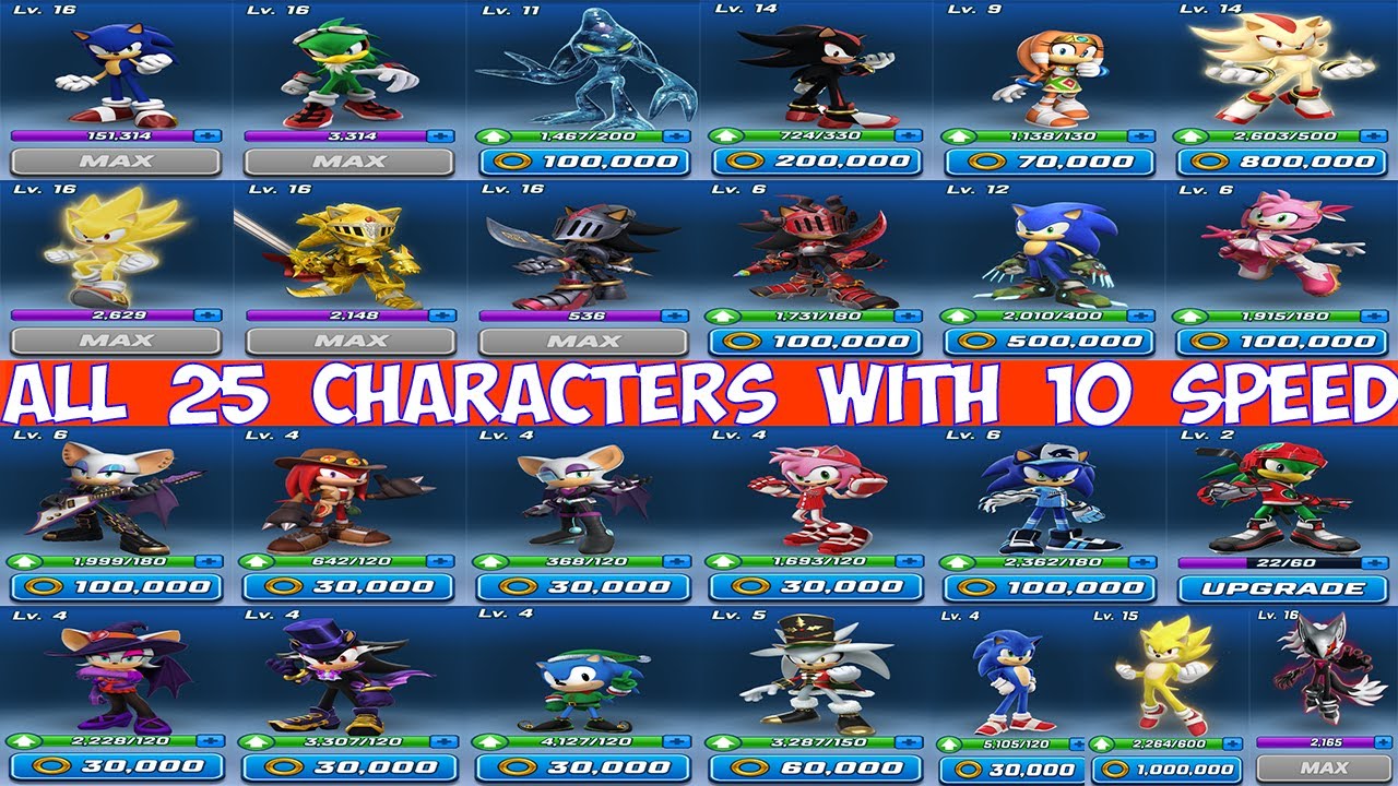 Sonic Forces All 25 Characters with 10 Speed: Treasure Hunter Knuckles, Movie Sonic, Ice Slicer Jet