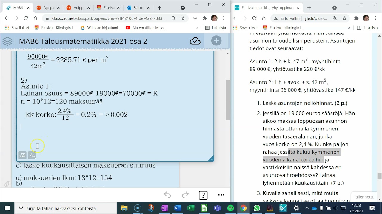 Ylioppilasteht&auml;v&auml; talousmatematiikasta - Tasaer&auml;laina