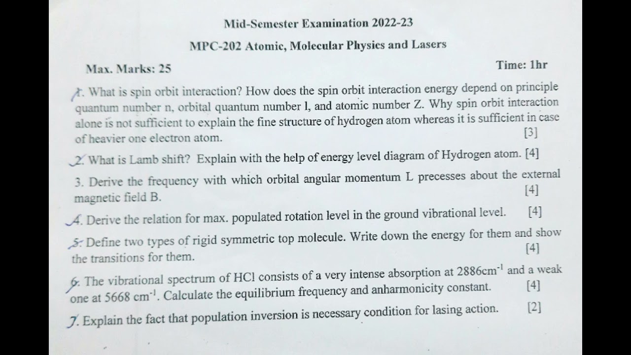 BHU M.Sc Physics sem-2 mid term exam question paper (Atomic & molecular Physics) 2023