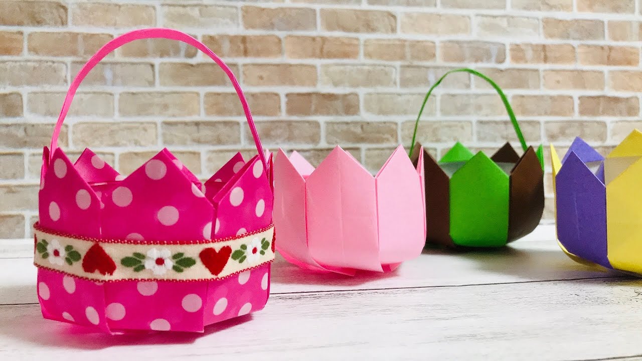 【折り紙箱】コロンとかわいいかごを作ってみた！ランプシェードにもなりますよ /Origami Basket.