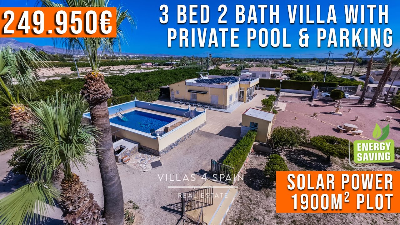 3 bed 2 bath villa with private pool & hybrid solar power 1900m2 plot in crevillente alicante