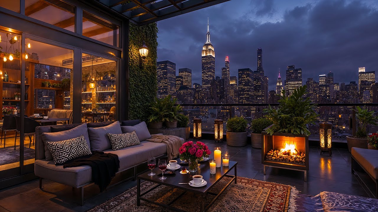 Autumn Jazz Night in New York ☕ Cozy Rooftop Caf&eacute; Ambience ~ Smooth Jazz Music to Relaxing & Focus