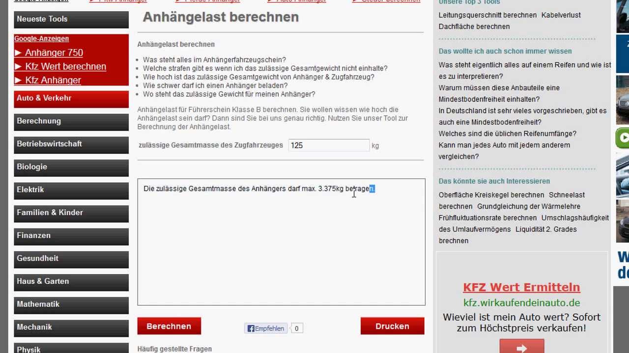 Anh&auml;ngelast berechnen