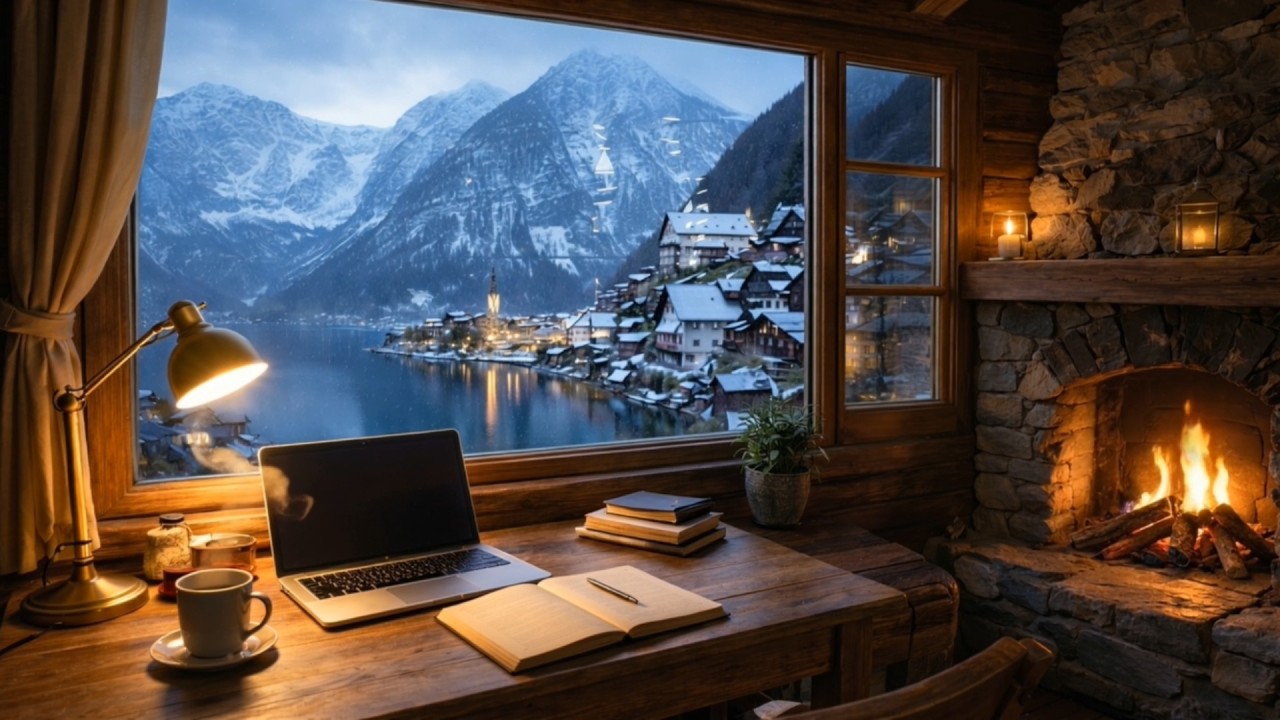 Cozy Winter Study Ambience 🔥 Snowy Mountain 4K