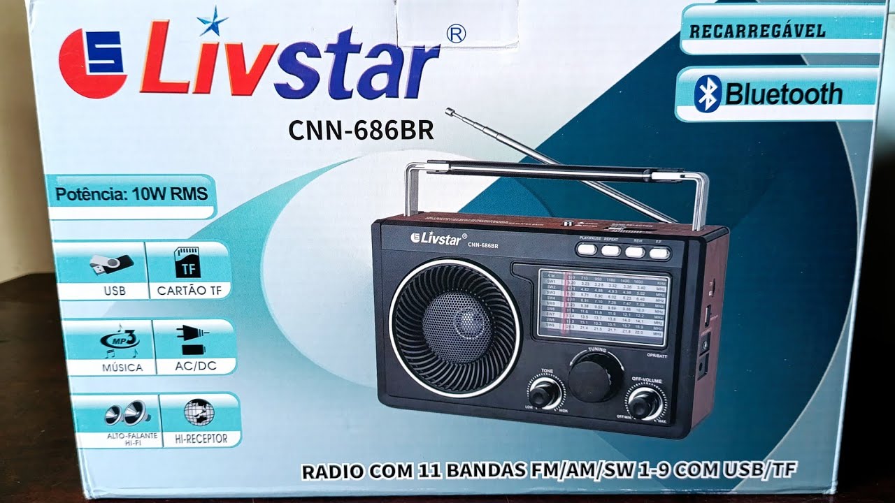 RÁDIO LIVSTAR CNN-686BR NOVO COM BLUETOOTH E USB FM E RECARREGÁVEL