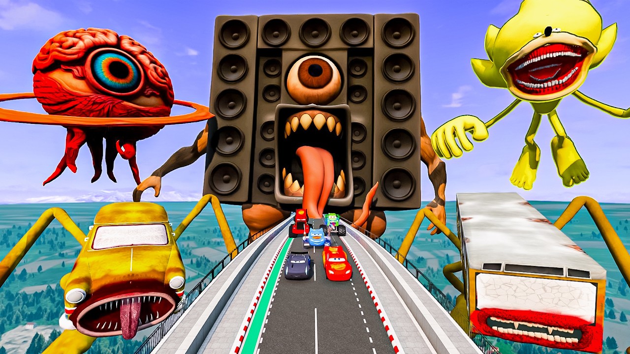 ALL Spider McQueen & Sausage Man vs Broken Bridge with Car Eater BeamNG.Drive