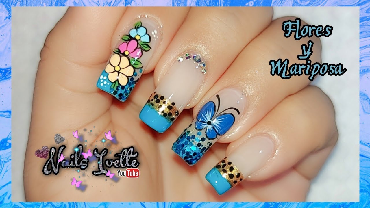 Decoración de uñas flores y mariposa / Cómo decorar las uñas / Diseñonde uñas celeste con dorado