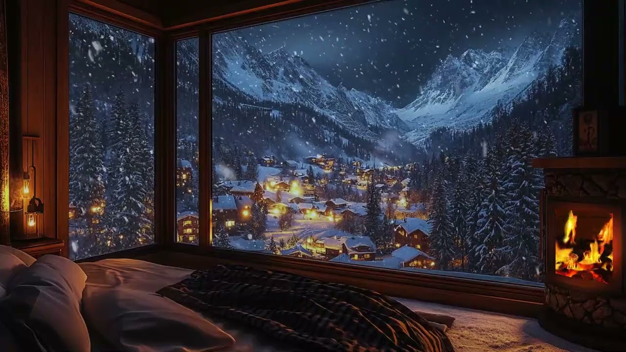 Cozy Winter Night Retreat: Snowfall Outside with Fireplace Sounds for  Deep Sleep, Relax &Calm Mind