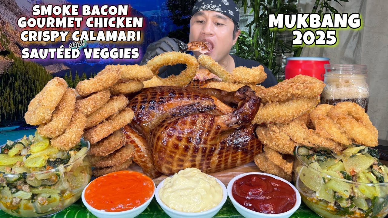 1 Whole Smoked Bacon Gourmet Chicken & Crispy Squid Calamares with Sauteed Veggies Mukbang