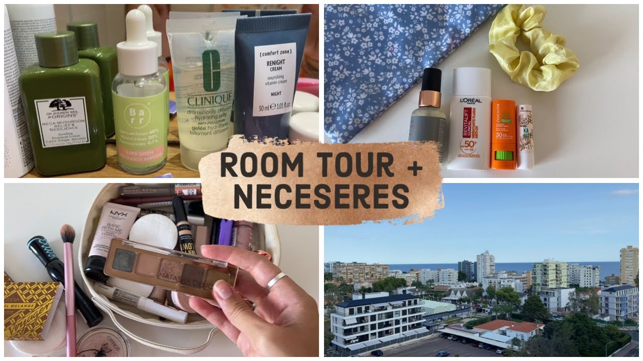 ¡NECESER DE VIAJE! ✈️ Room tour 🏨, neceser maquillaje💄, skincare🧴y para ir a la playa 🏖️
