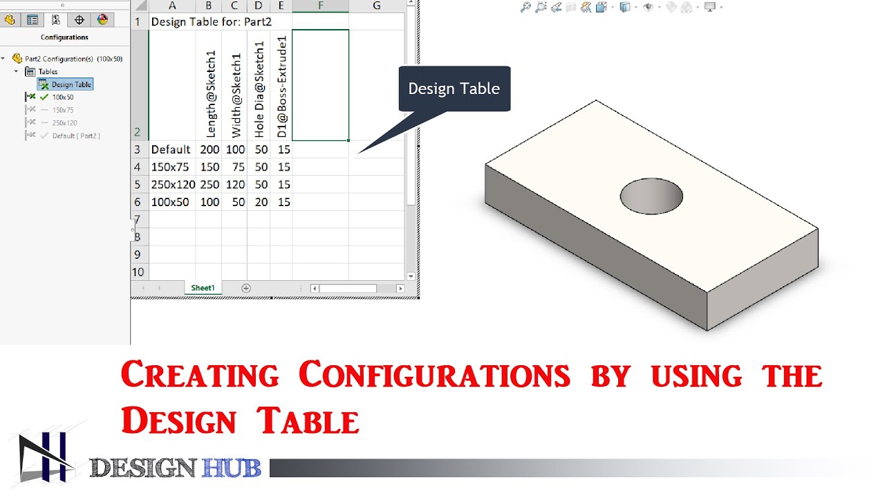 Creating Configurations by using the Design Table- Solidworks tutorials |Design Hub|