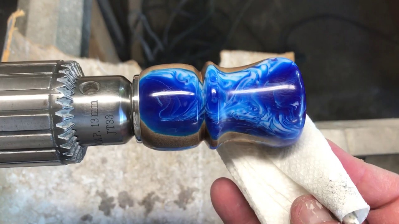 Turning a Blue and White Shaving Brush Handle with a Hybrid Blank - Alumilite and Burl Wood