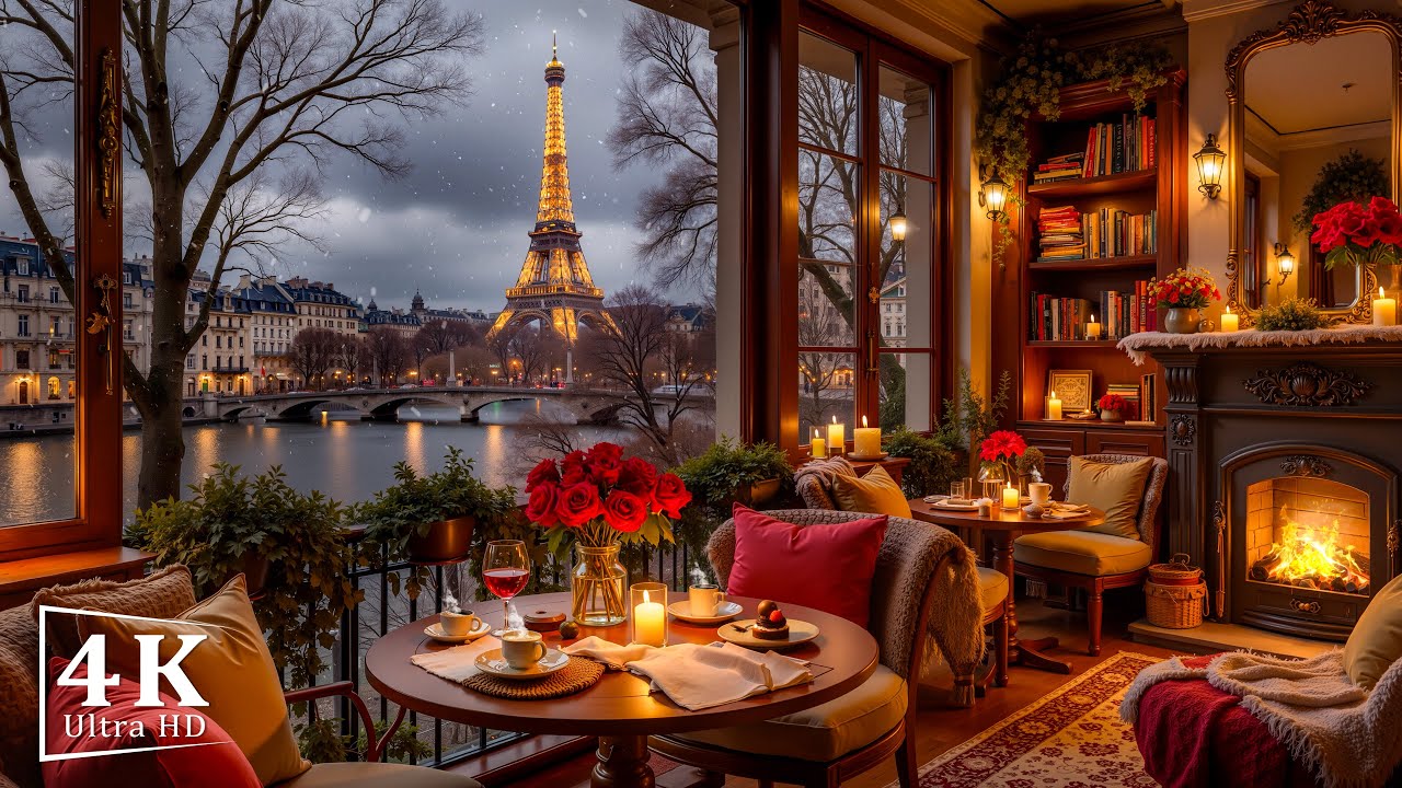 Paris Winter Jazz Balcony Café ☕ Crackling Fireplace Ambience for Focused Study & Relaxation
