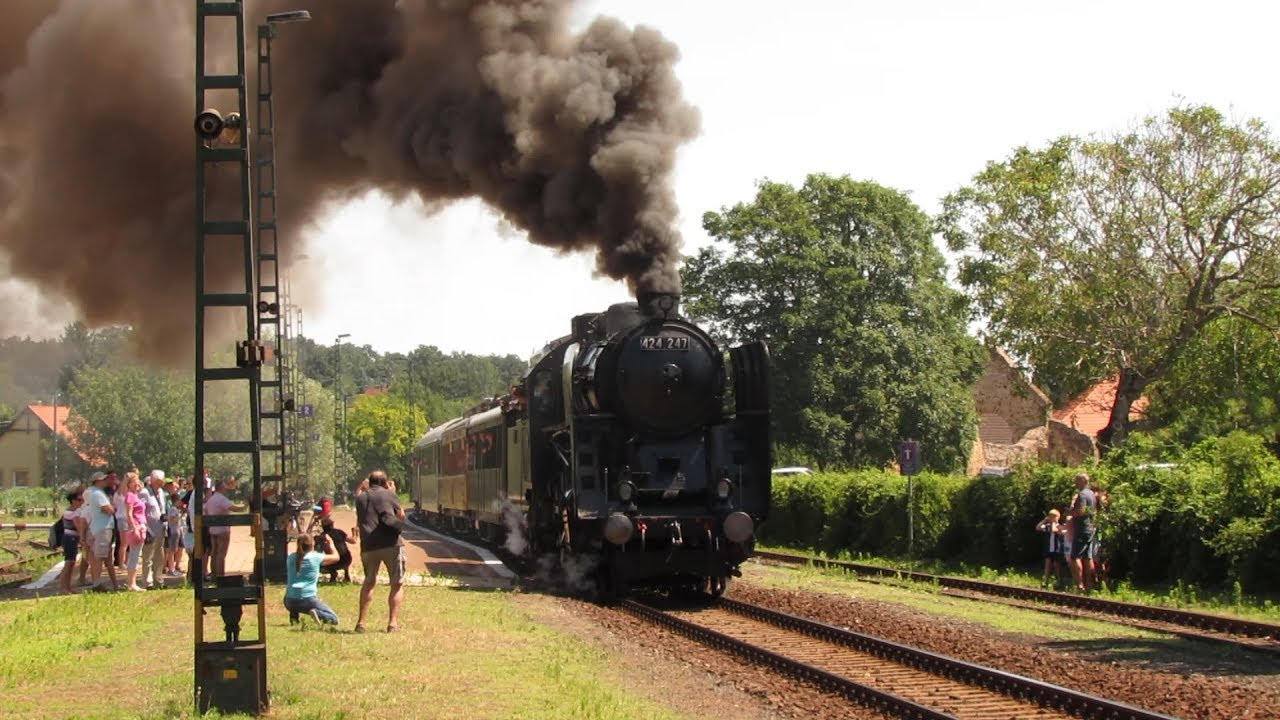 424 247 steam locomotive starts with special train from Révfülöp on 29.06.2019.