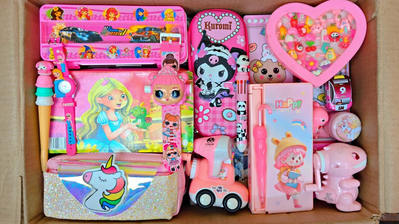 Unboxing Cute Pink Stationery For Girls Kuromi Pencil Box, Sharpener, Nail art, E-Slate, Pen, Etc