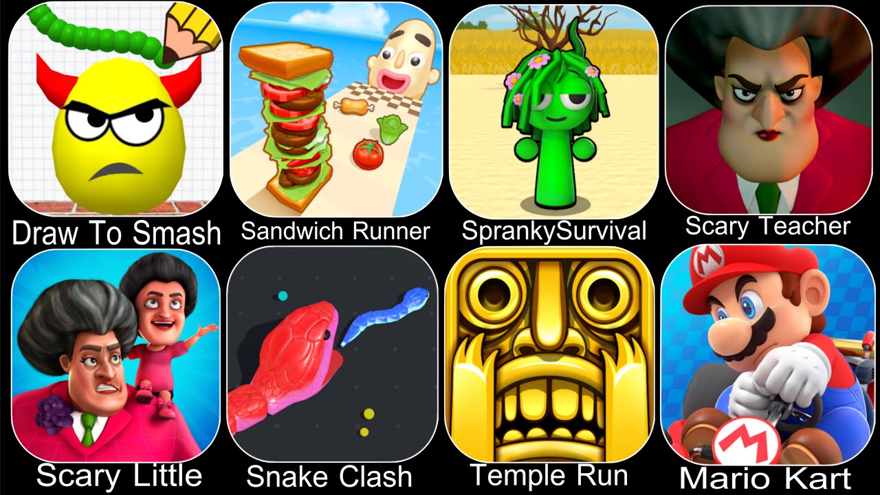 Draw To Smash,Sandwich Runner,Scary Teacher,Spranky Survival,Snake Clash,Temple Run,Mario Kart Tour