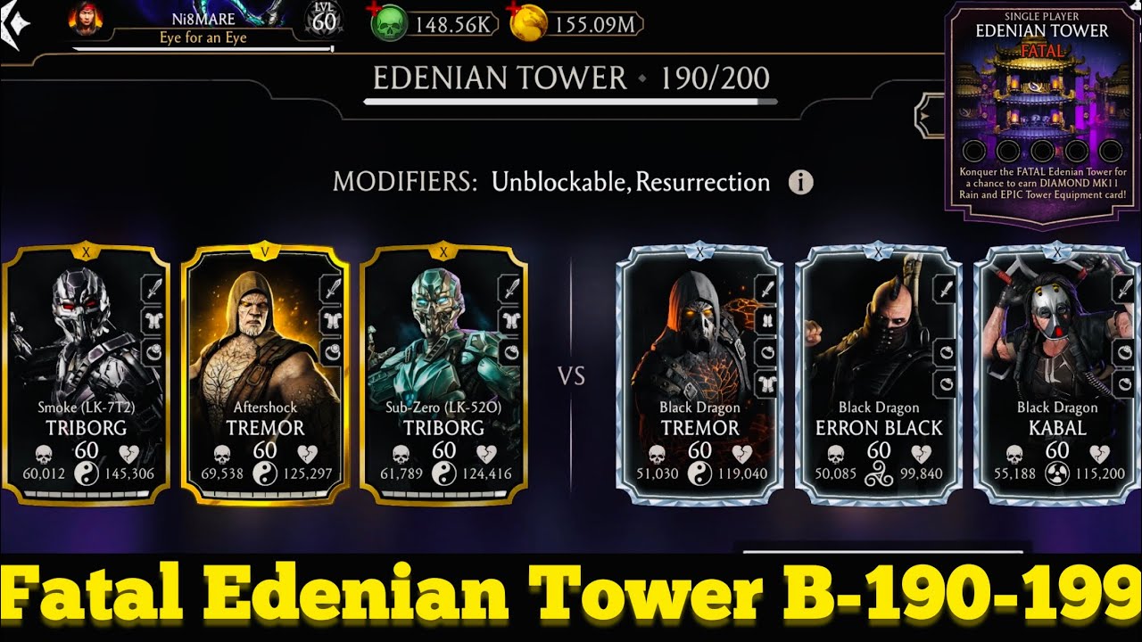 Fatal Edenian Tower Hard Battle 190-199 Fight + Rewards MK Mobile