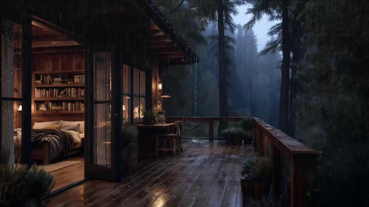 Cozy Cabin Nights with Gentle Rain on Windowpane 🌃 Soft Jazz Piano for Insomnia, Stress Relief