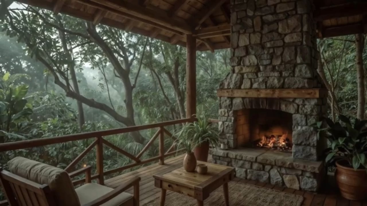 🔥 Rainy Cabin Atmosphere | Crackling Fire and Misty Forest for Calm Sleep