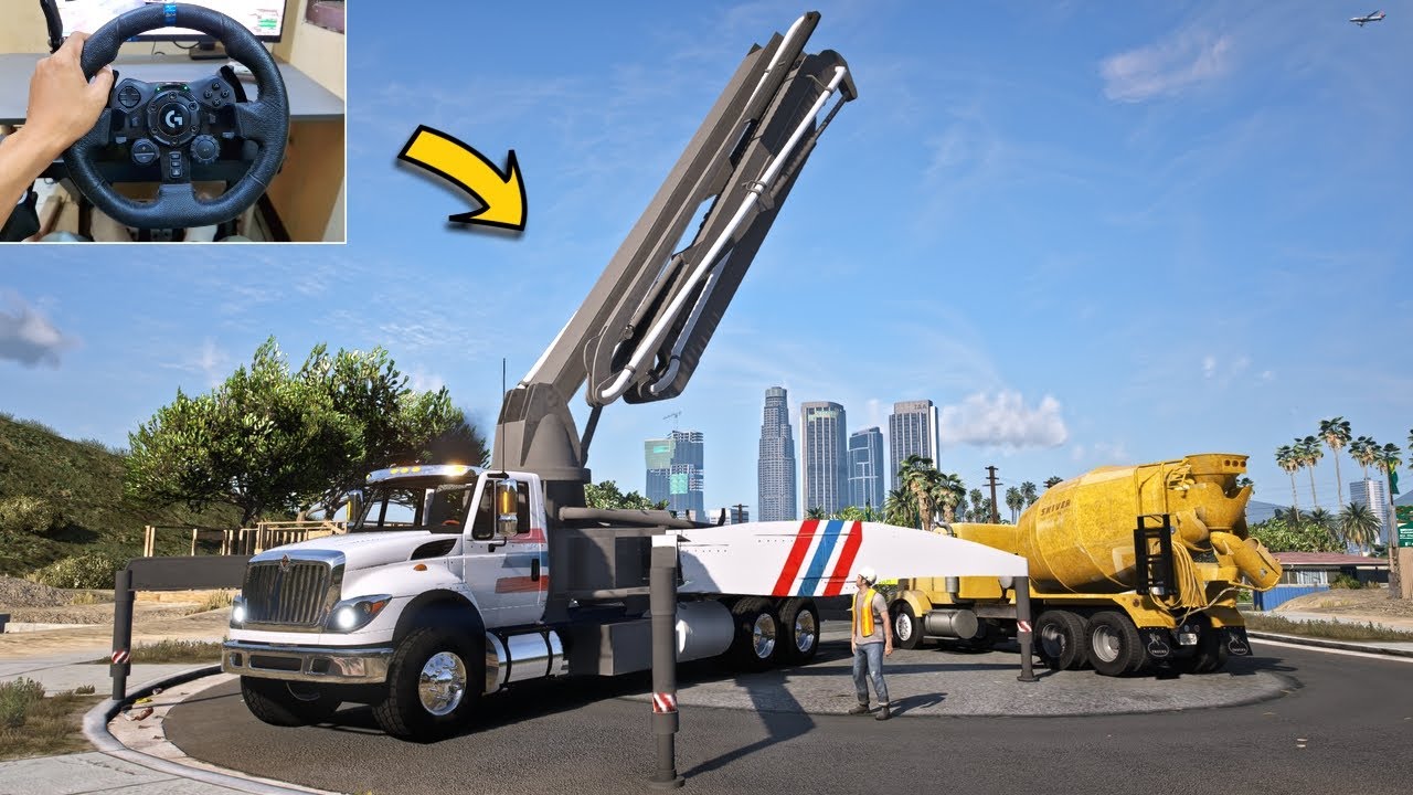 GTA 5 Lets Go To Work as Concrete Pump Truck Driver - Steering Wheel Gameplay
