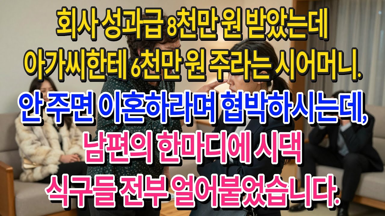 회사 성과급으로 8천만 원 받았는데, 아가씨한테 6천만 원 주라는 시어머니. 안 주면 이혼하라길래 기가 찼는데... 그때 남편이 던진 한마디에 시댁 식구들 사색이 됐습니다.